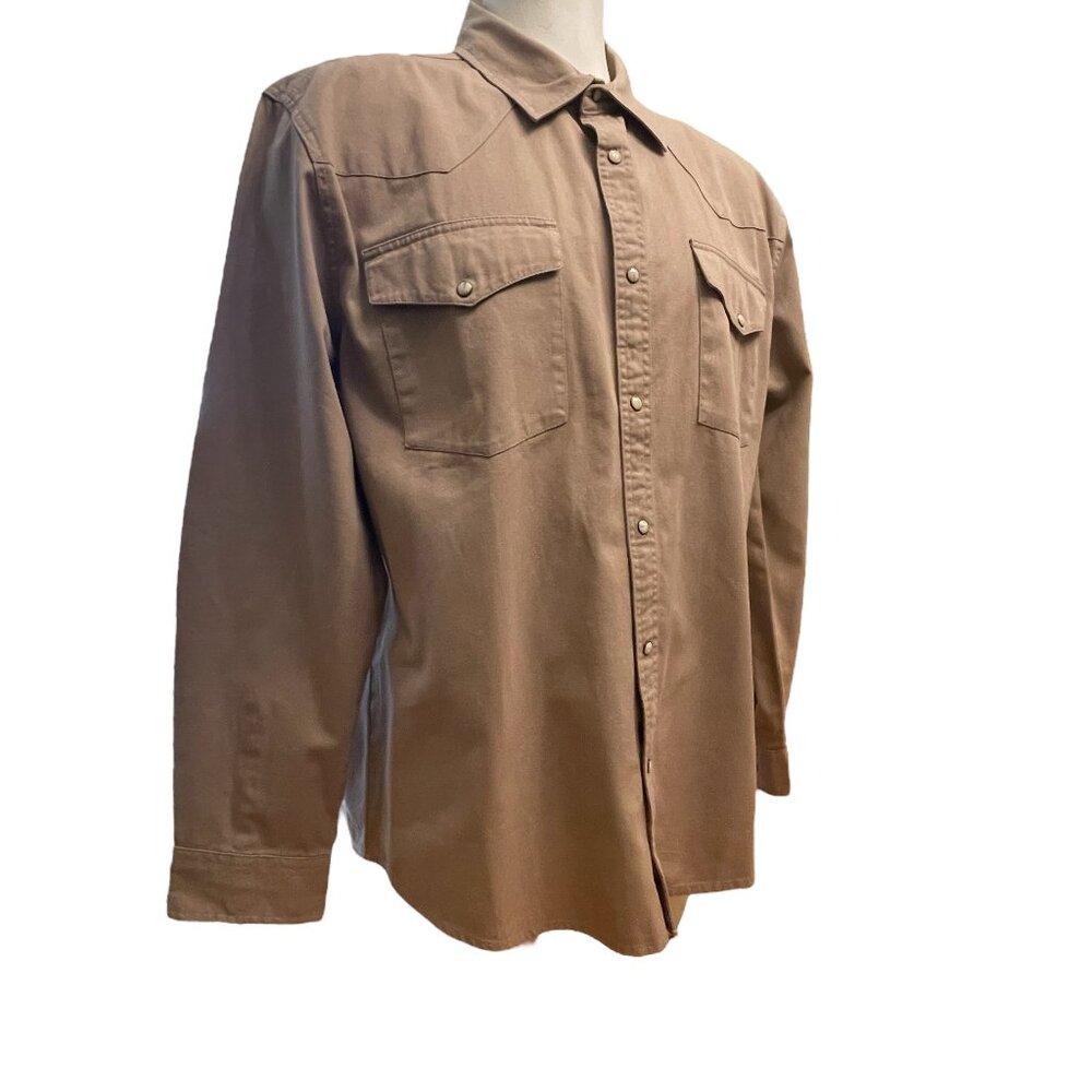 Turtle Bay New York Khaki Shirt Long Sleeve Pearl Snaps Pockets Size Large